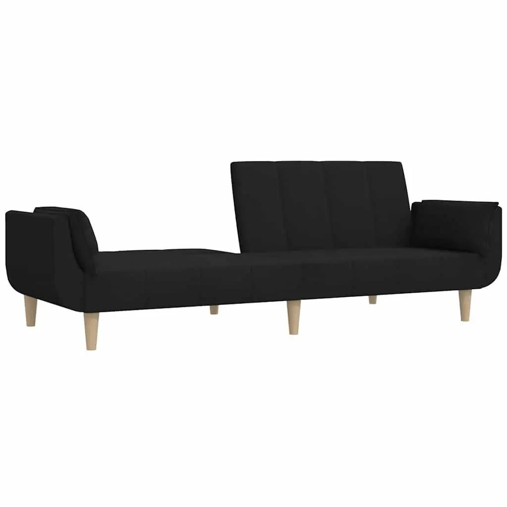 2-Seater Sofa Bed Black Fabric Wooden Frame Convertible Day Bed with 2 Pillows
