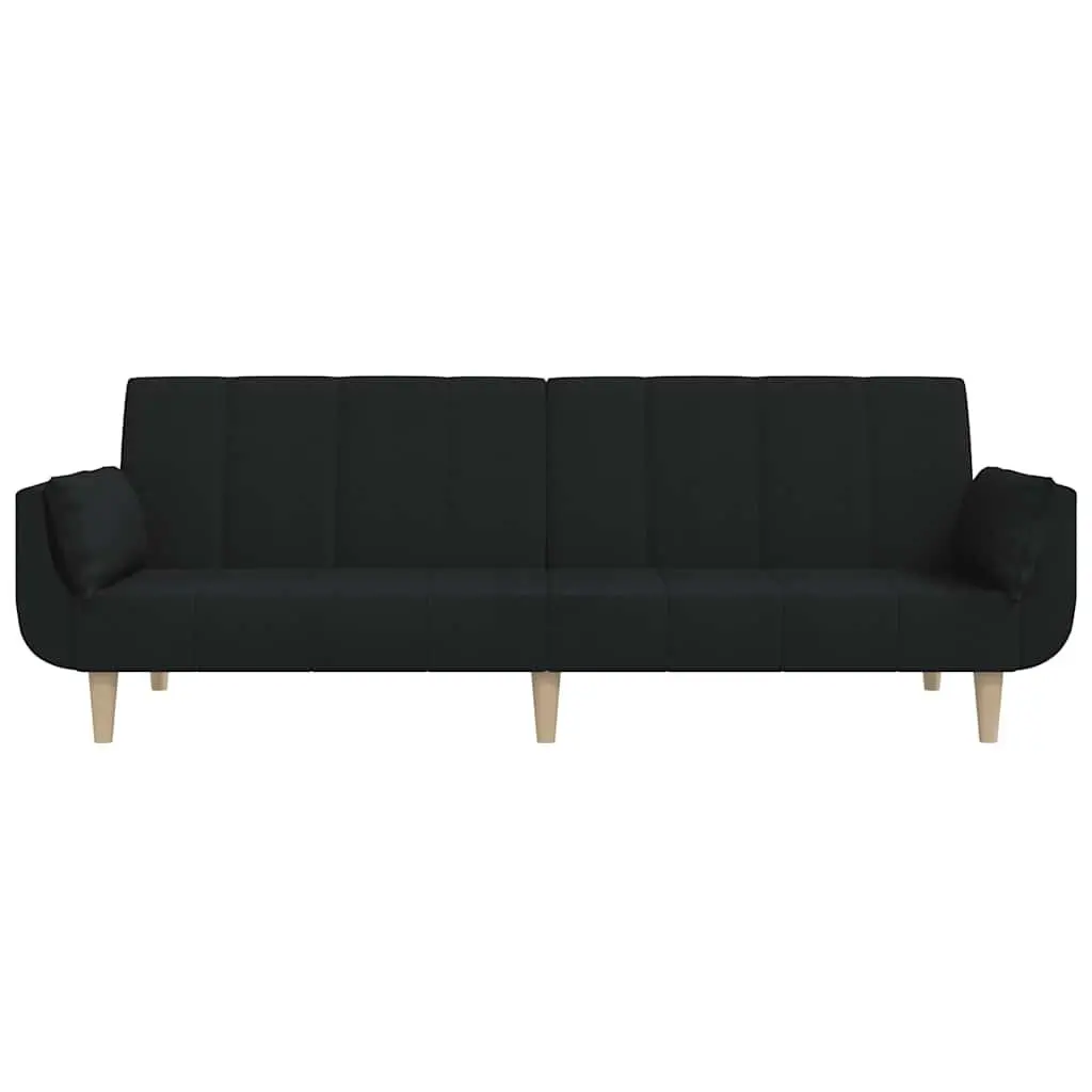 2-Seater Sofa Bed Black Fabric Wooden Frame Convertible Day Bed with 2 Pillows