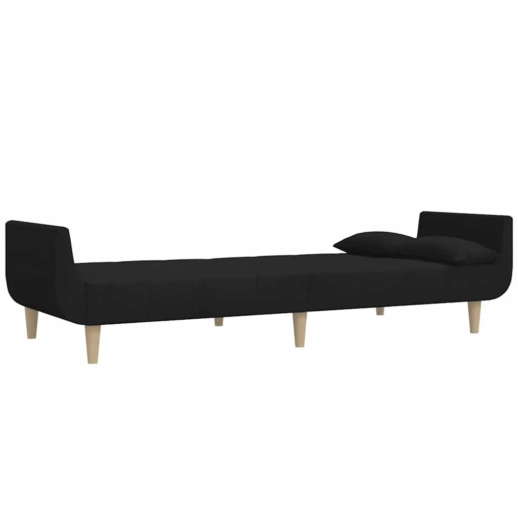 2-Seater Sofa Bed Black Fabric Wooden Frame Convertible Day Bed with 2 Pillows