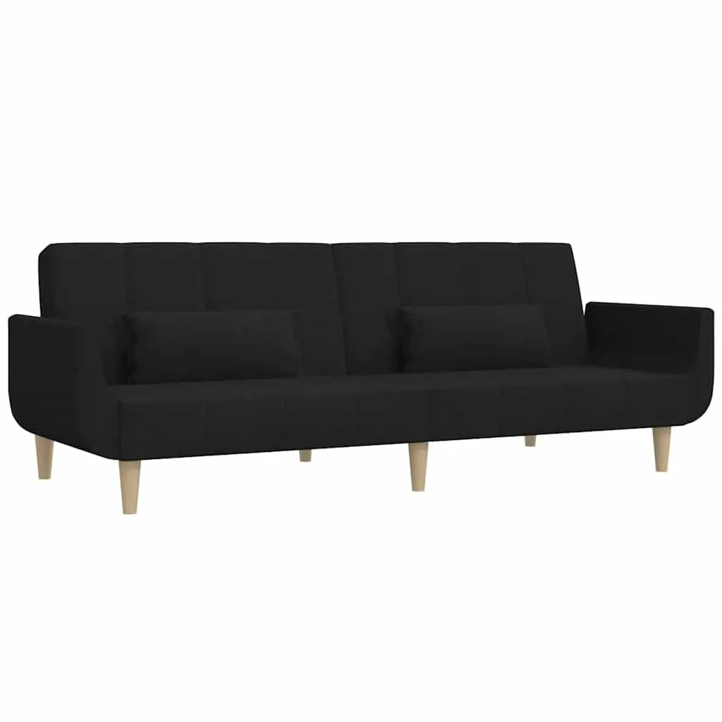 2-Seater Sofa Bed Black Fabric Wooden Frame Convertible Day Bed with 2 Pillows
