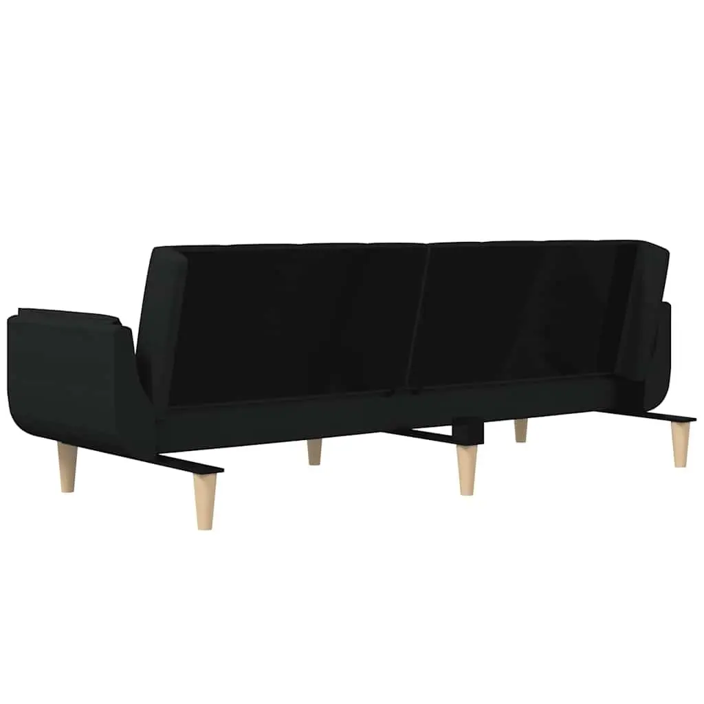 2-Seater Sofa Bed Black Fabric Wooden Frame Convertible Day Bed with 2 Pillows