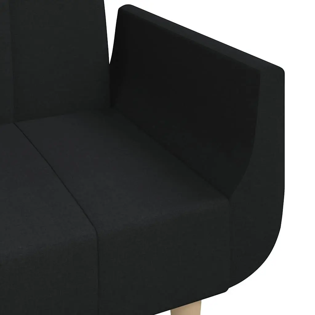 2-Seater Sofa Bed Black Fabric Wooden Frame Convertible Day Bed with 2 Pillows