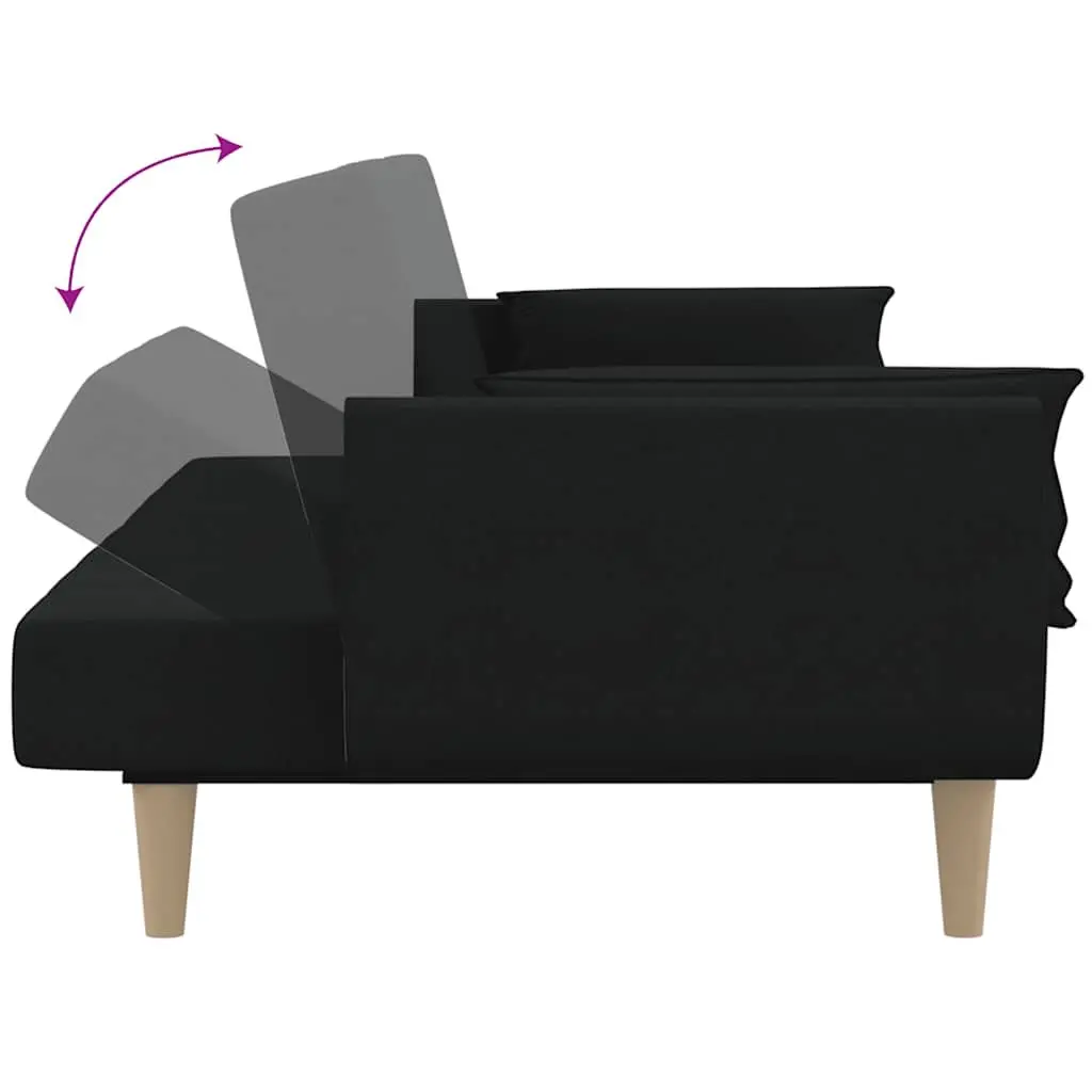 2-Seater Sofa Bed Black Fabric Wooden Frame Convertible Day Bed with 2 Pillows