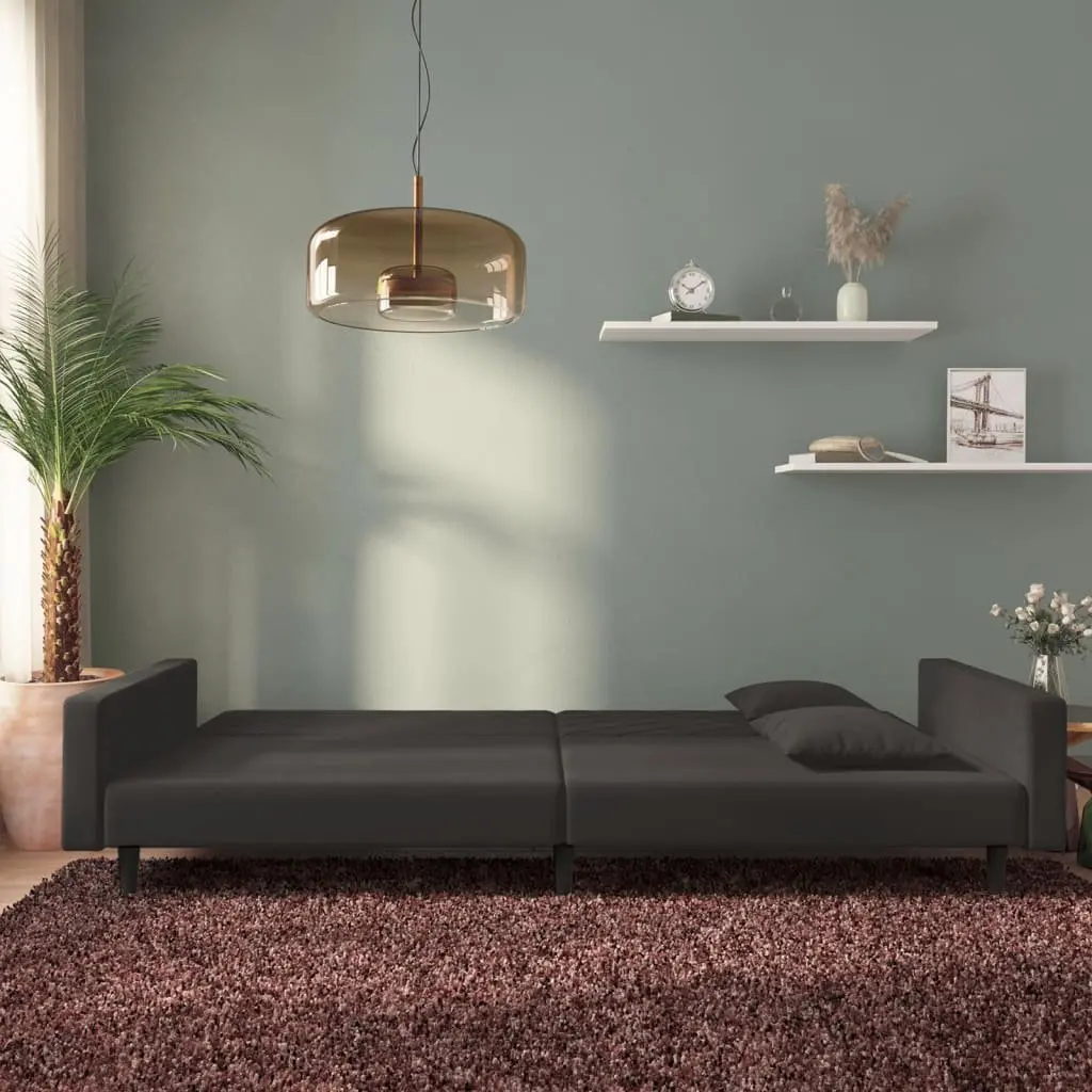 2-Seater Sofa Bed Black Velvet Convertible Day Bed Twin Bed with Two Pillows