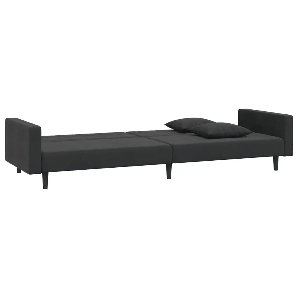 2-Seater Sofa Bed Black Velvet Convertible Day Bed Twin Bed with Two Pillows
