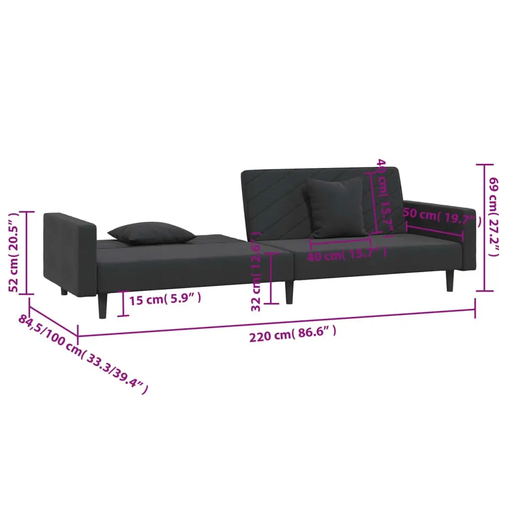 2-Seater Sofa Bed Black Velvet Convertible Day Bed Twin Bed with Two Pillows