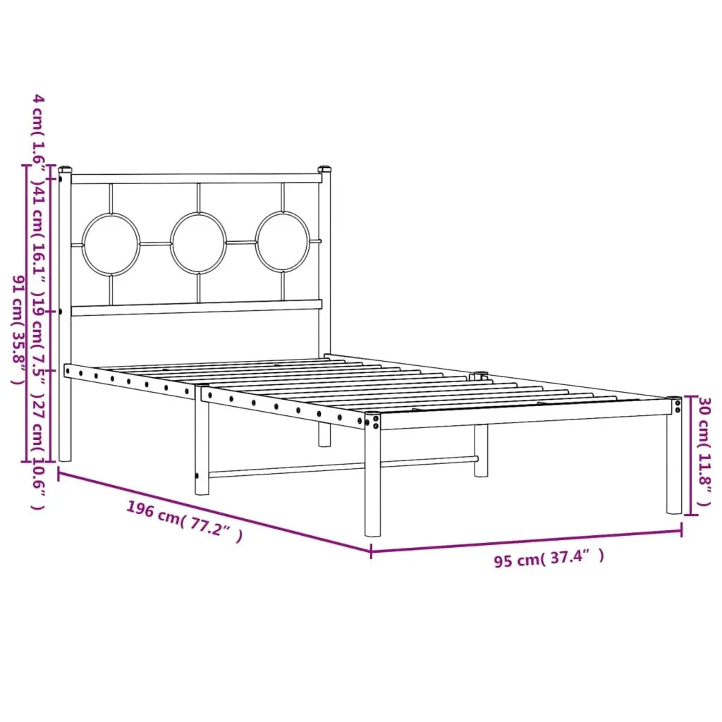 Metal Bed Frame with Headboard Black 90x190 cm Storage Space Bedroom Furniture