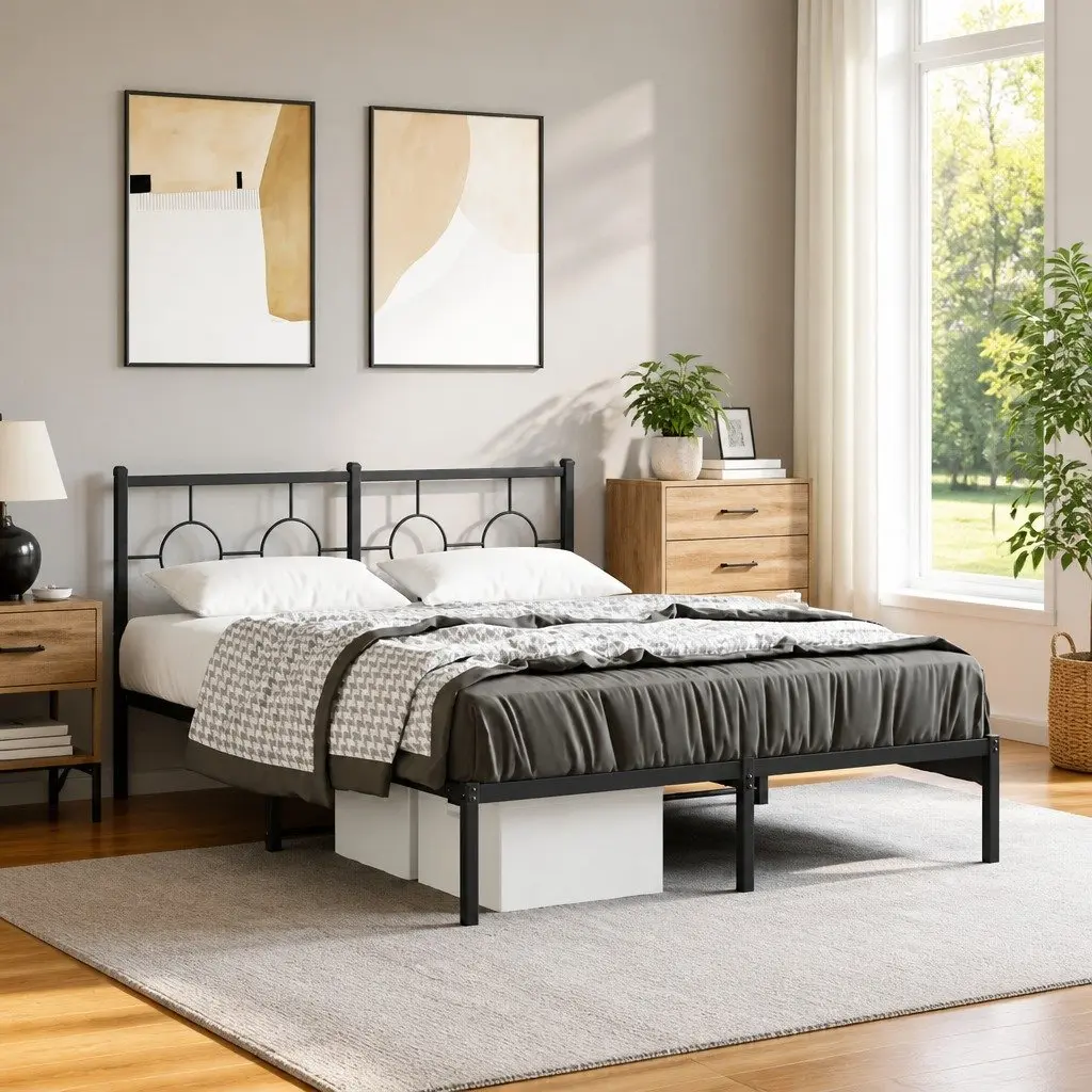 Metal Bed Frame Powder-coated Steel 135x190 cm Black with Headboard Slatted Base