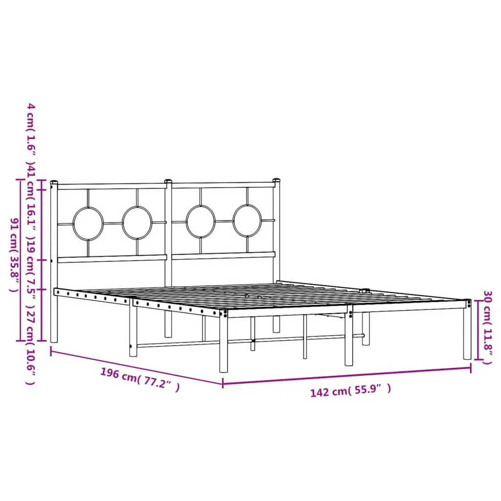 Metal Bed Frame Powder-coated Steel 135x190 cm Black with Headboard Slatted Base