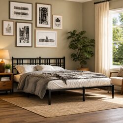 Practical Black Metal Bed Frame with Headboard