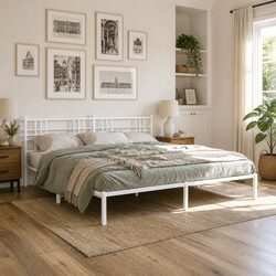 Metal Bed Frame King Size 183x203cm with Headboard White Steel Slats Support