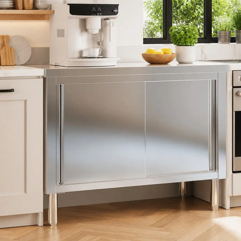 Stainless Steel Work Table with Sliding Doors and Storage Shelf for Commercial Kitchen