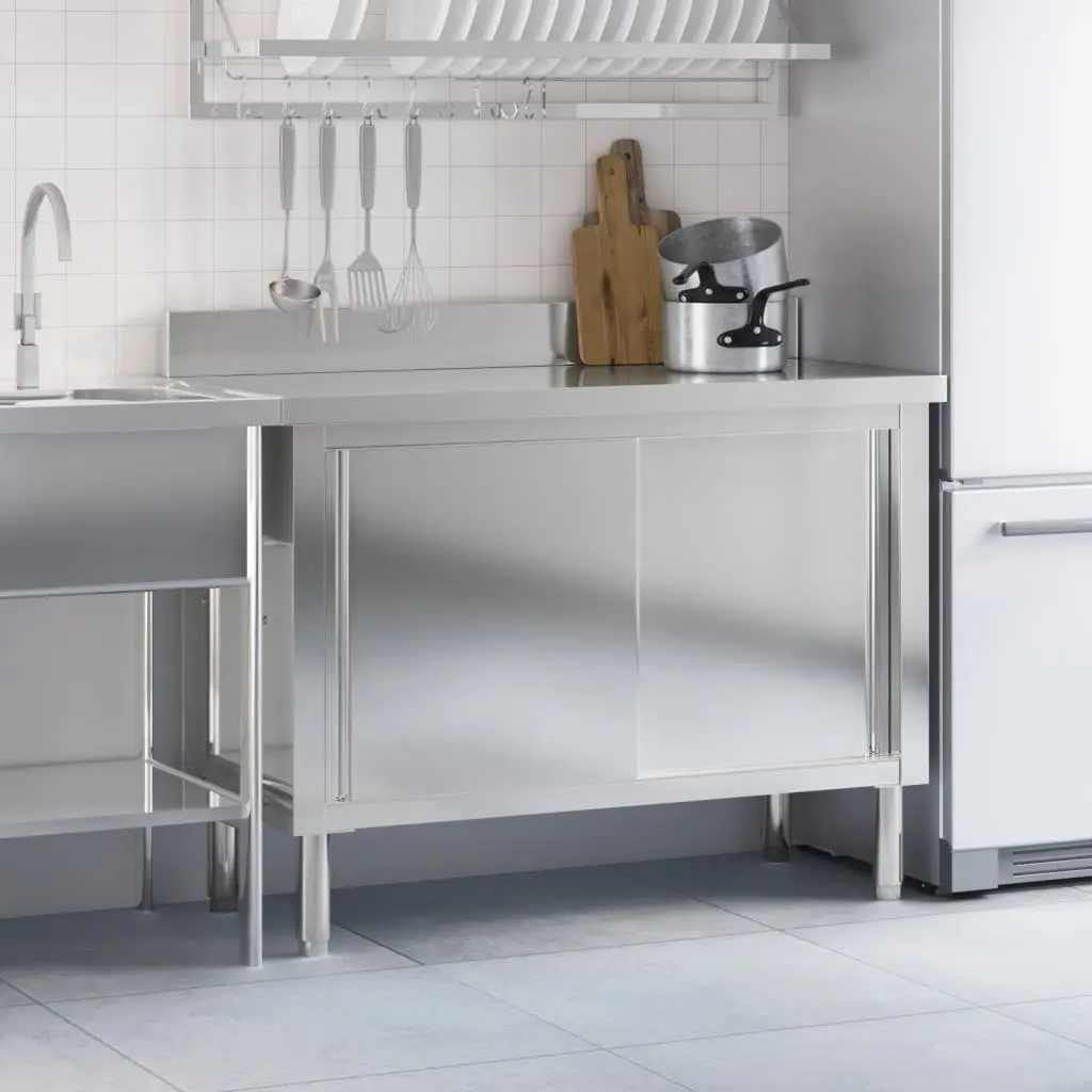 Stainless Steel Work Table with Sliding Doors and Storage Shelf for Commercial Kitchen