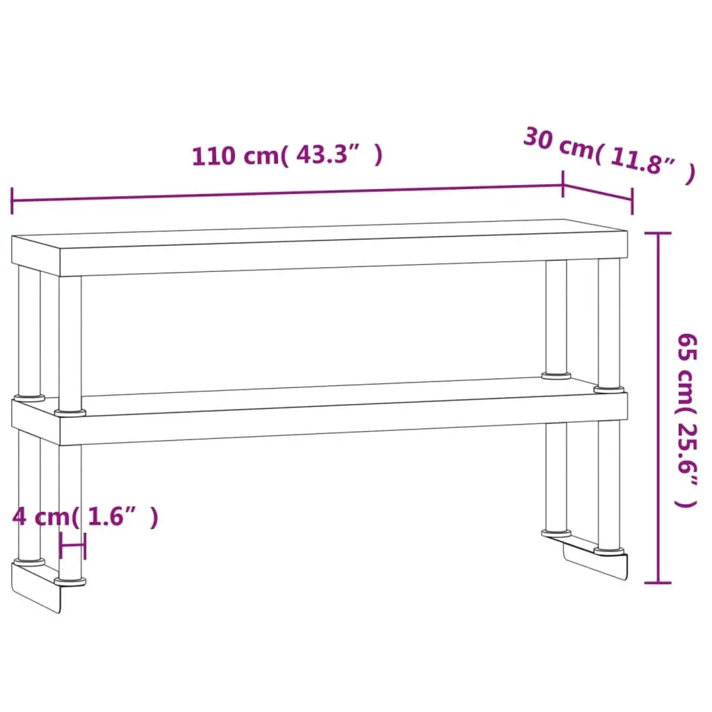 Work Table Overshelf Stainless Steel 2-Tier 110x30x65cm Silver