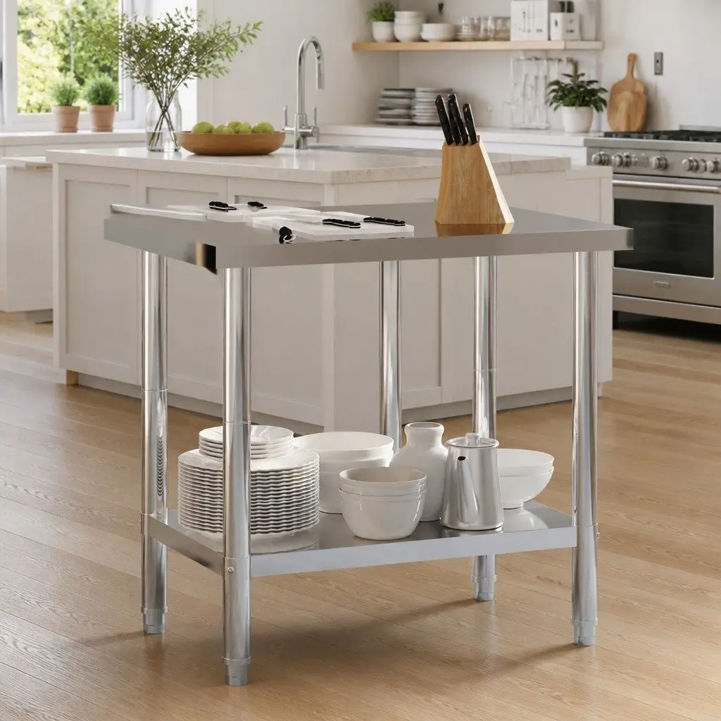 Stainless Steel Work Table for Food Prep with Adjustable Feet Backsplash and Bottom Shelf 82.5cm x 55cm x 93cm