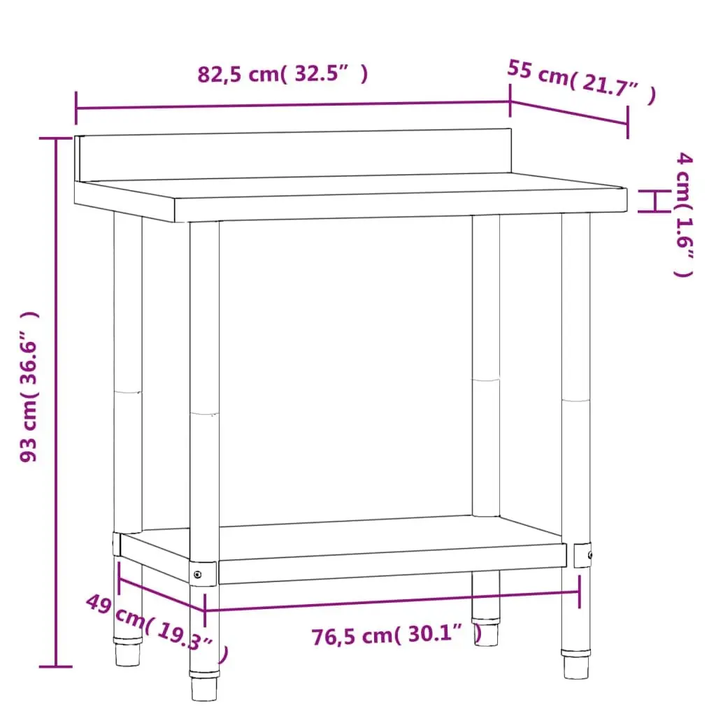 Stainless Steel Work Table for Food Prep with Adjustable Feet Backsplash and Bottom Shelf 82.5cm x 55cm x 93cm