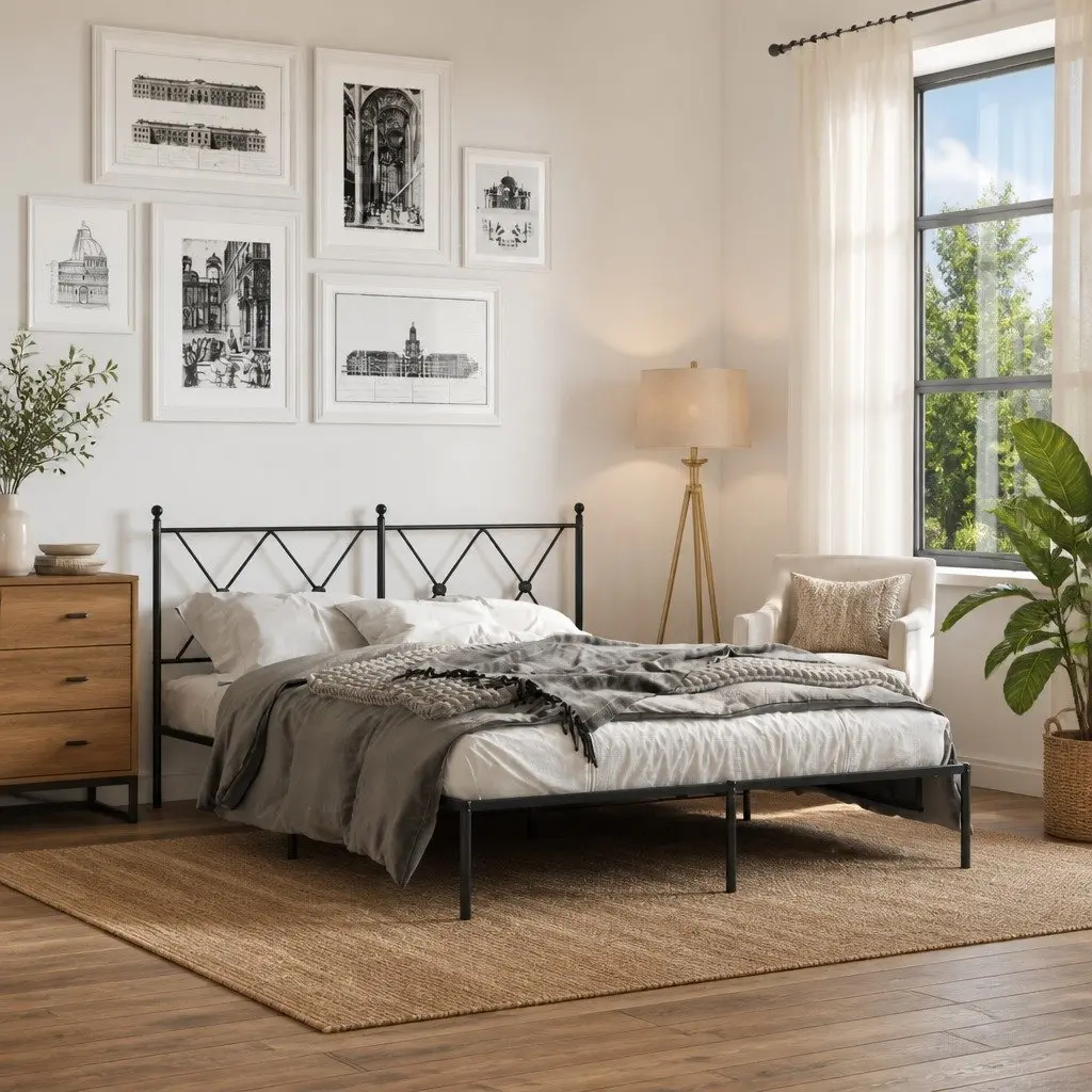 Metal Bed Frame 135x190 cm Black with Headboard Slatted Base Bedroom Furniture