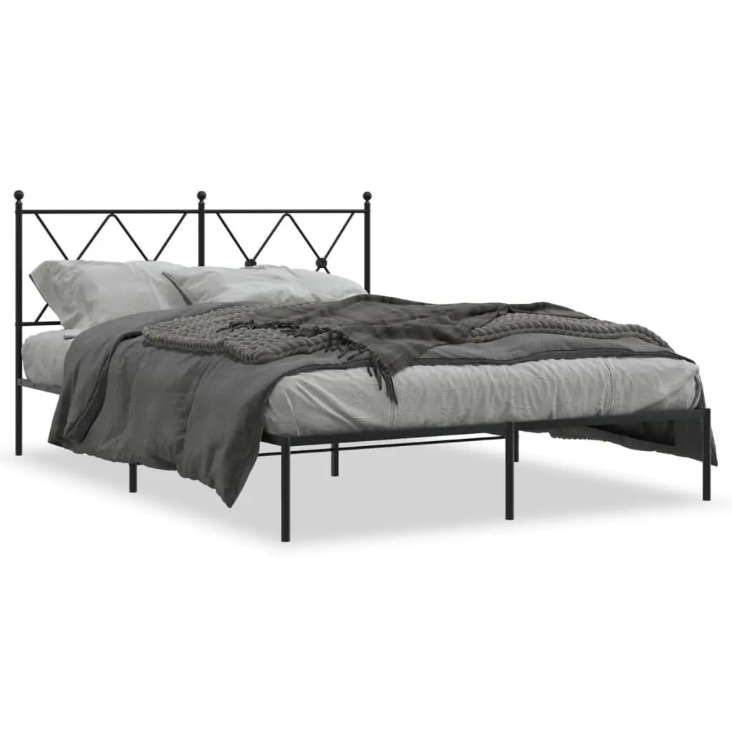 Metal Bed Frame 135x190 cm Black with Headboard Slatted Base Bedroom Furniture