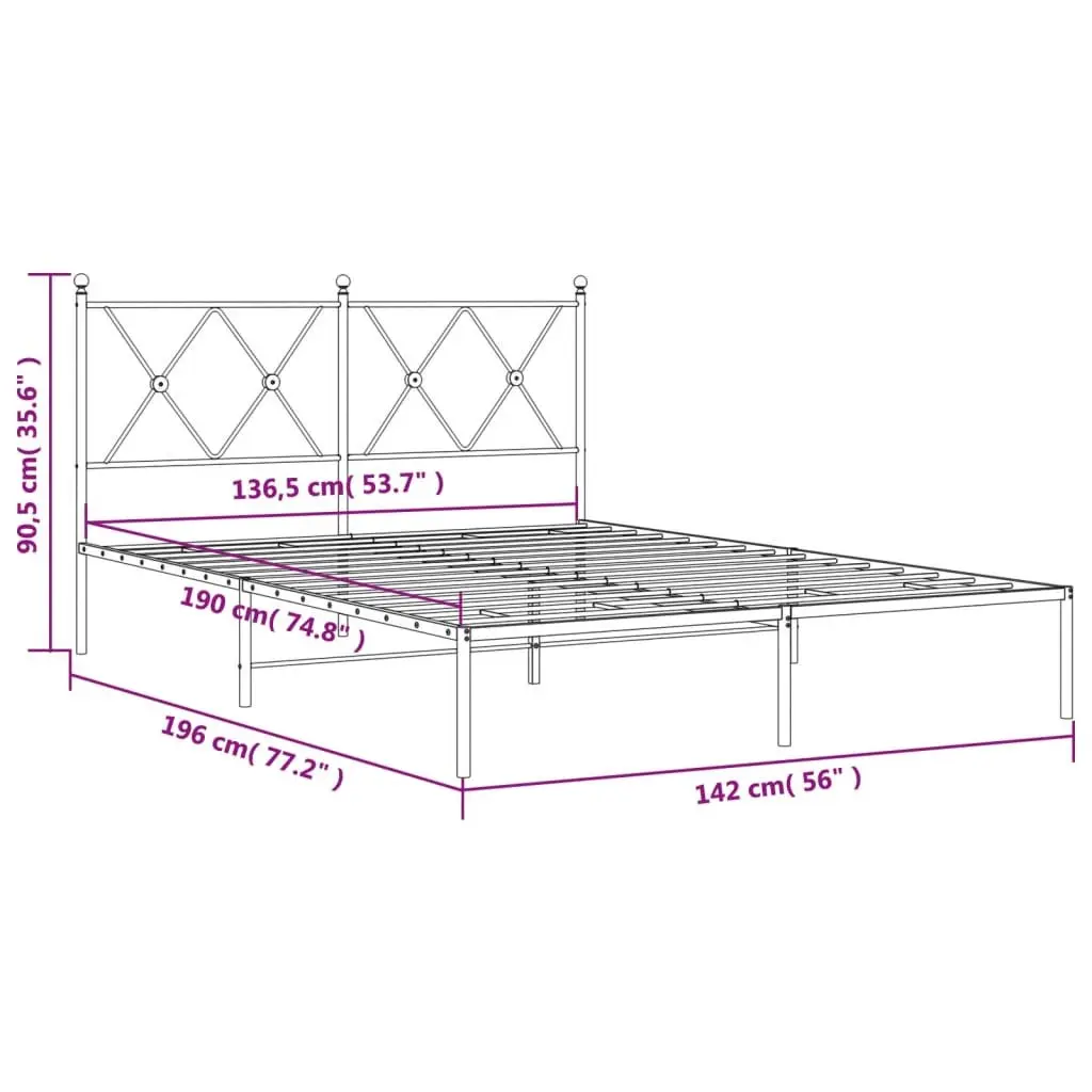 Metal Bed Frame 135x190 cm Black with Headboard Slatted Base Bedroom Furniture