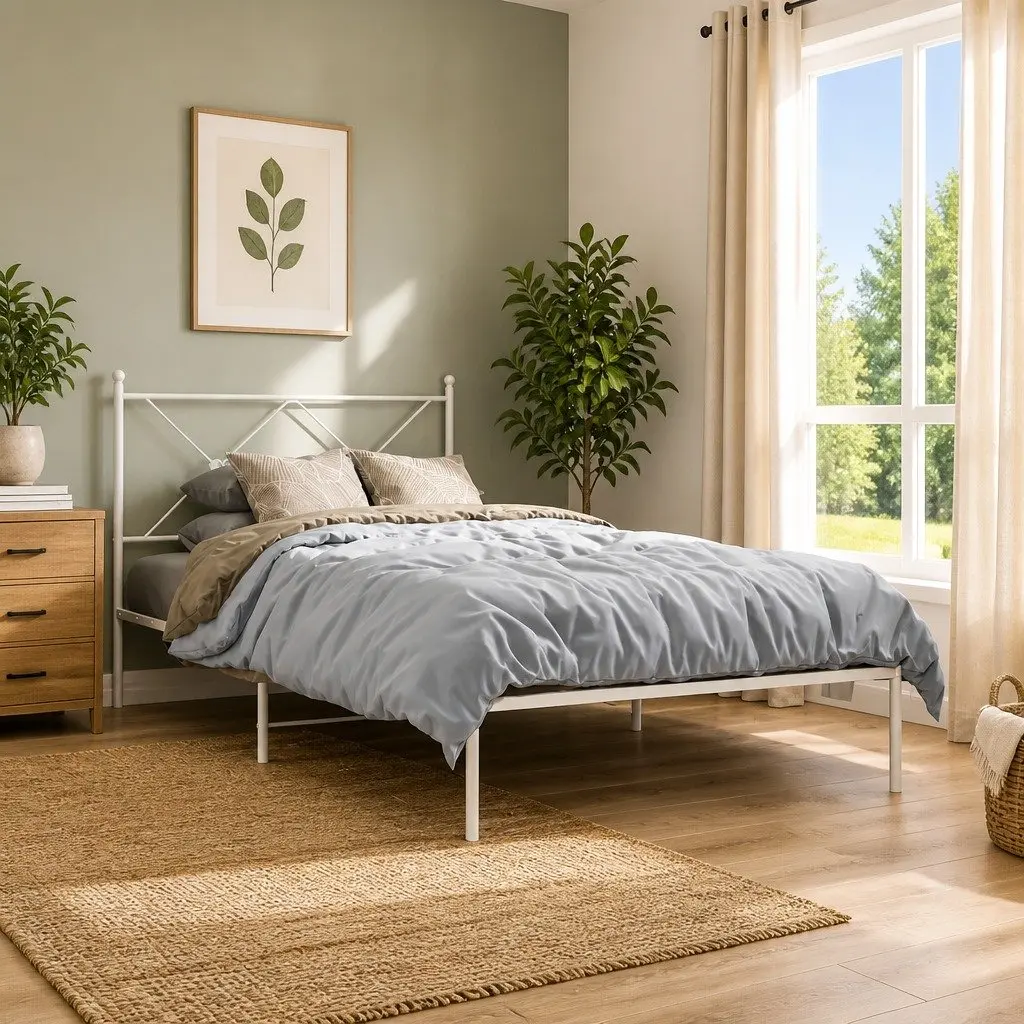 King Single Bed Frame White Powder Coated Steel 107x203 cm with Headboard and Metal Slats