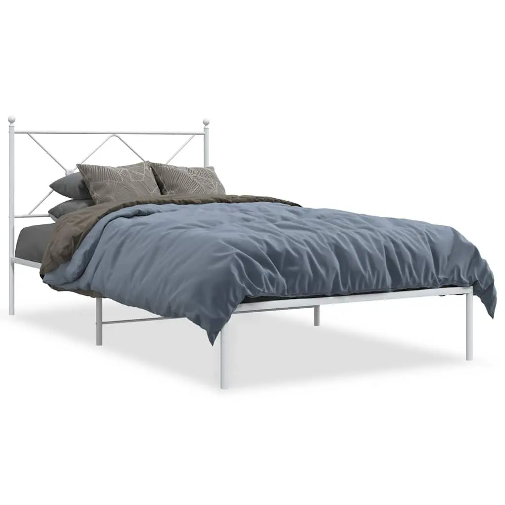 King Single Bed Frame White Powder Coated Steel 107x203 cm with Headboard and Metal Slats