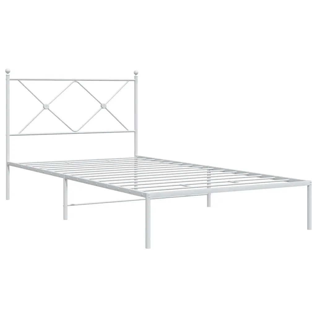 King Single Bed Frame White Powder Coated Steel 107x203 cm with Headboard and Metal Slats