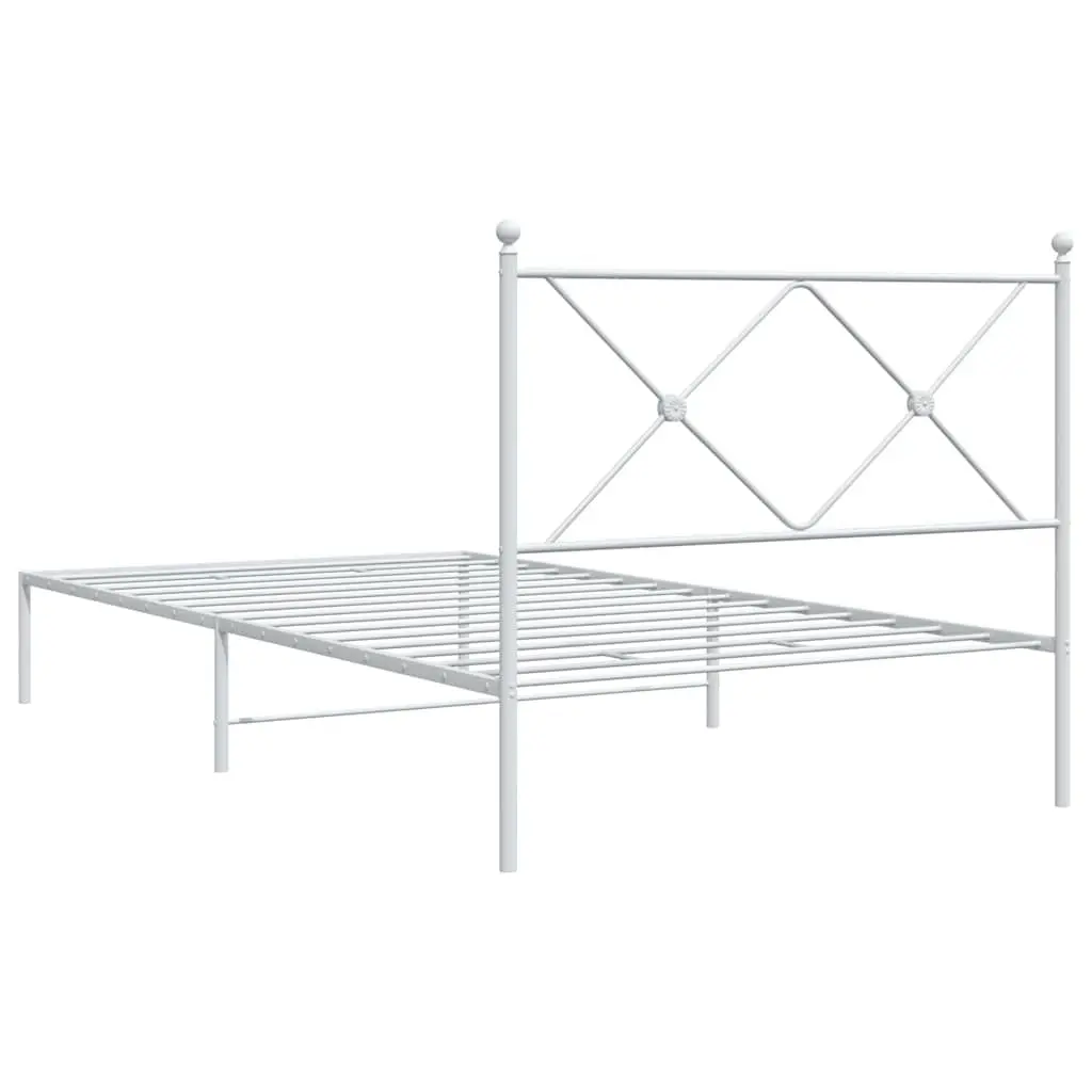 King Single Bed Frame White Powder Coated Steel 107x203 cm with Headboard and Metal Slats