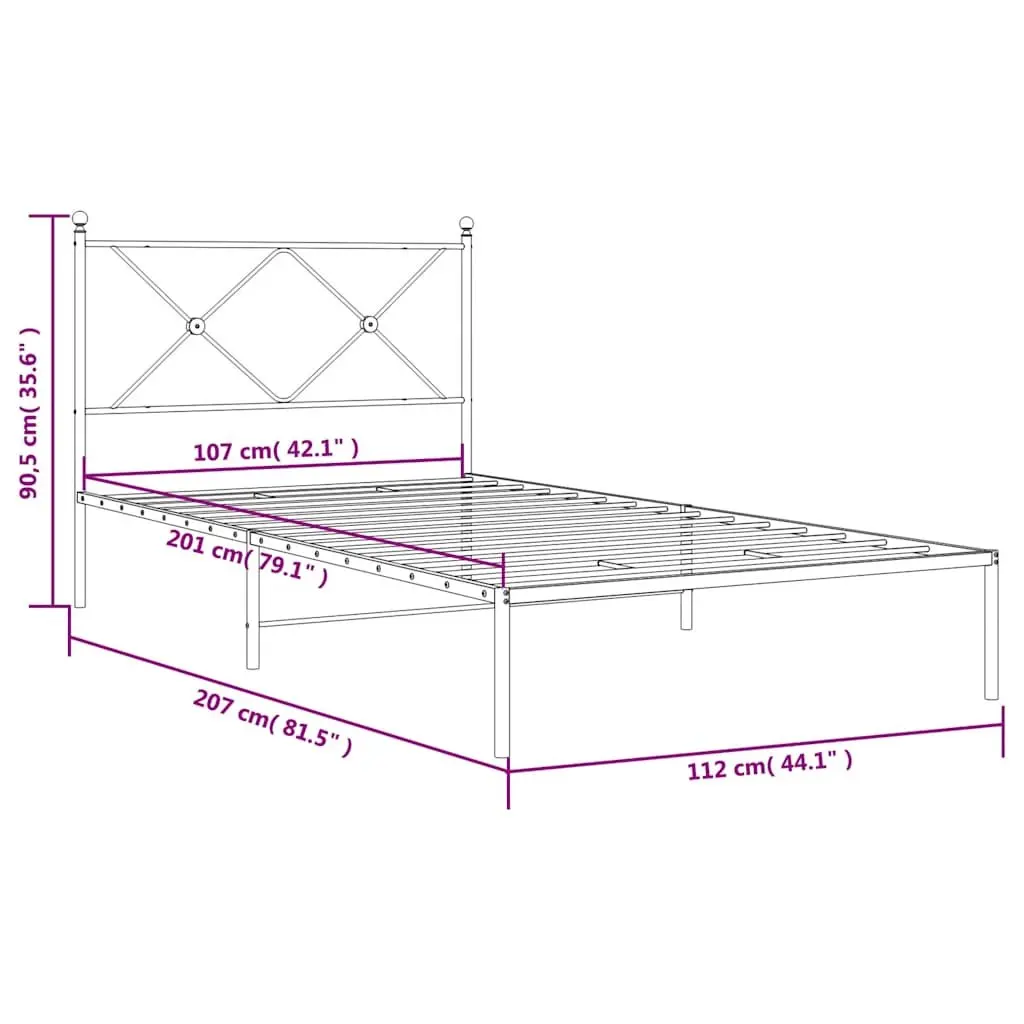 King Single Bed Frame White Powder Coated Steel 107x203 cm with Headboard and Metal Slats