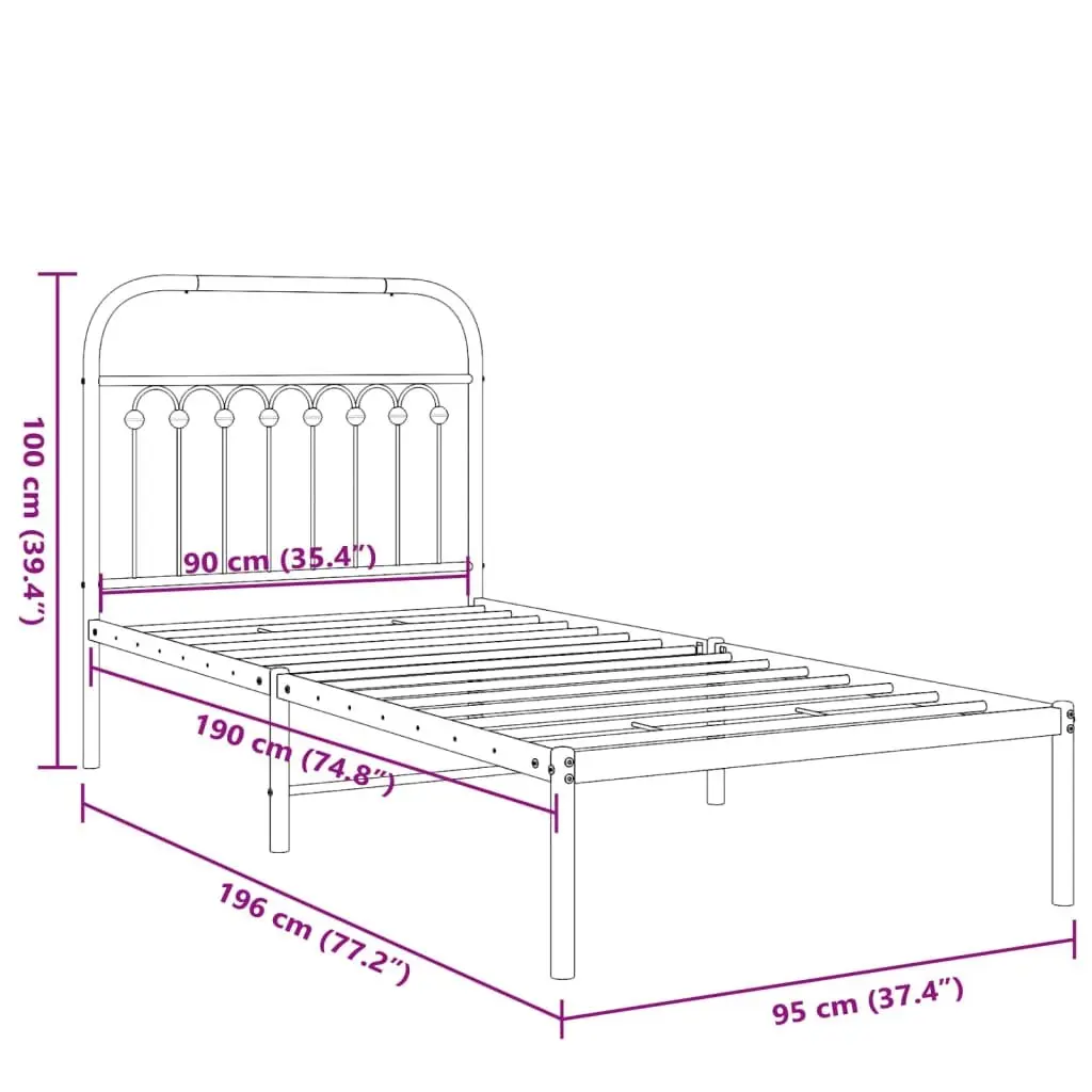 Metal Bed Frame Black 90x190cm Sturdy Steel Construction with Headboard Slatted Base and Under-Bed Storage