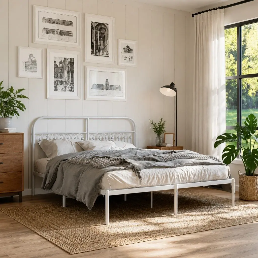 White Metal Bed Frame 150x200cm with Storage and Headboard for Bedroom