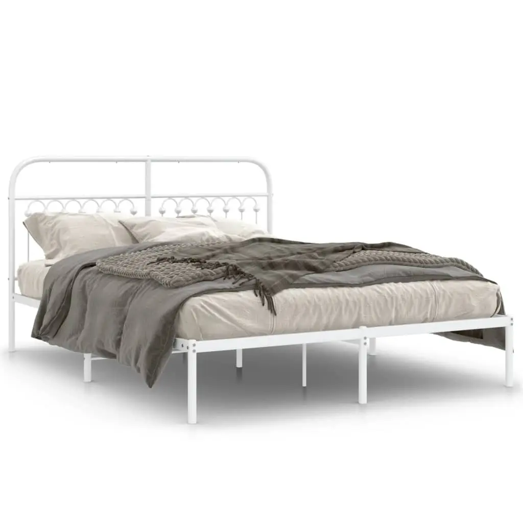 White Metal Bed Frame 150x200cm with Storage and Headboard for Bedroom