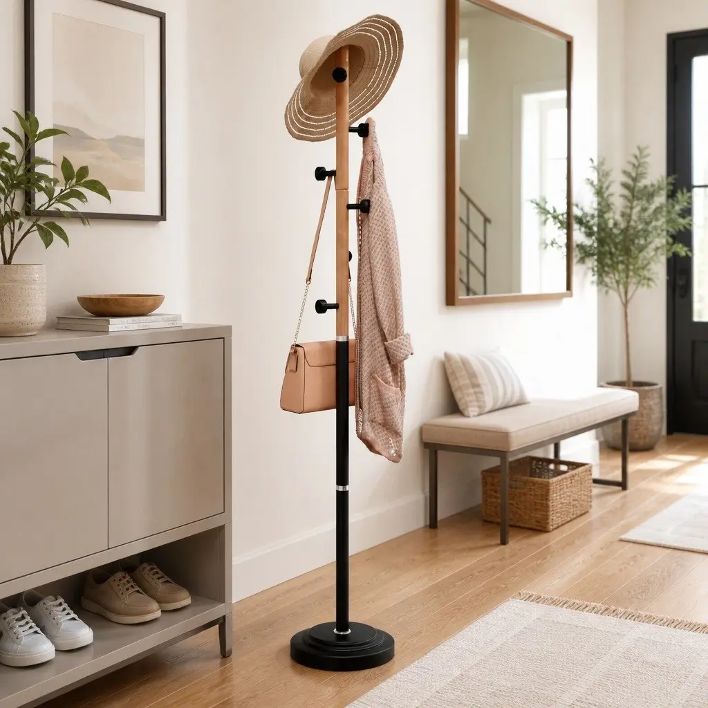 Coat Stand Iron Beech Wood 177cm Black Storage Rack with 6 Hooks for Organising Coats Jackets Hats and Bags in Hallway Living Room Bedroom
