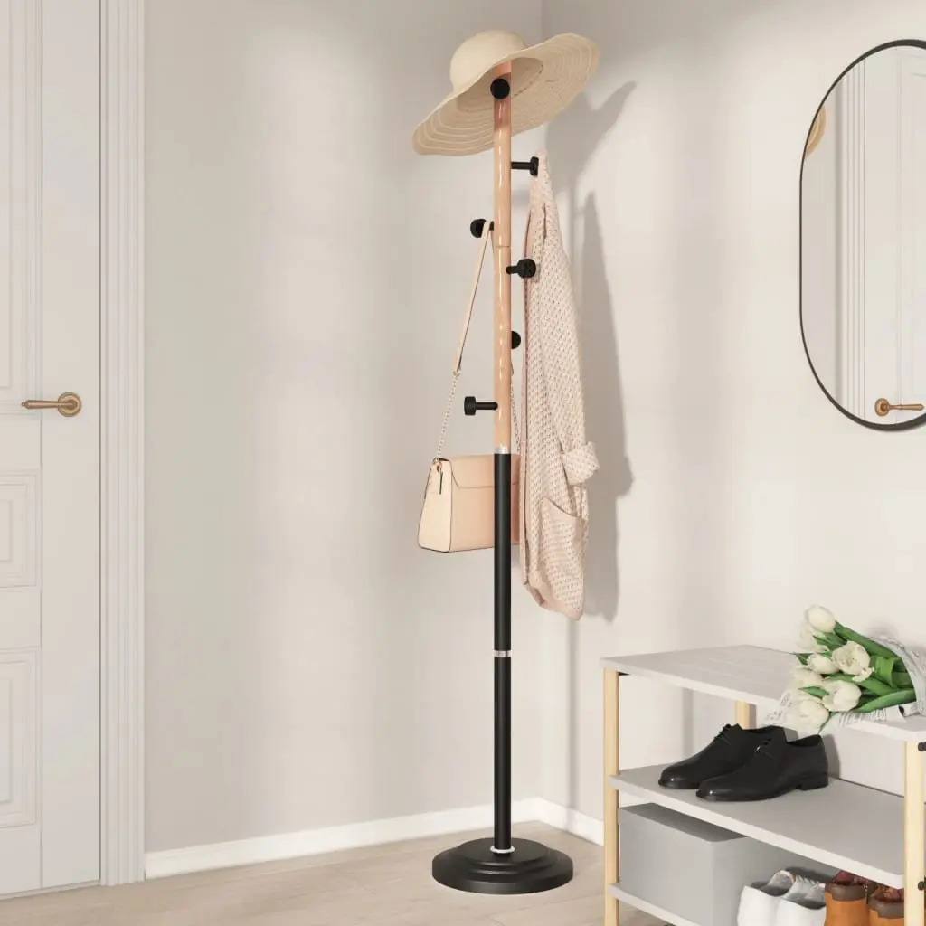 Coat Stand Iron Beech Wood 177cm Black Storage Rack with 6 Hooks for Organising Coats Jackets Hats and Bags in Hallway Living Room Bedroom