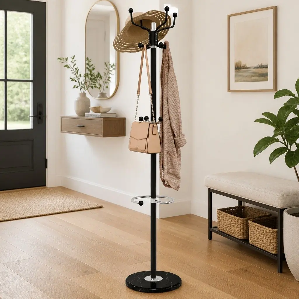 Coat Stand Powder-coated Iron Frame 180cm Black with Umbrella Holder and 12 Hooks