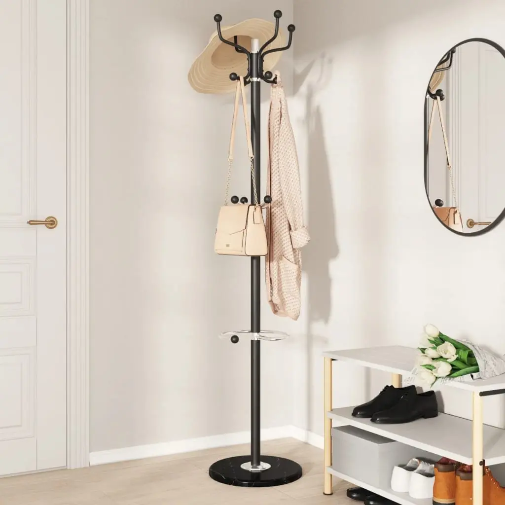 Coat Stand Powder-coated Iron Frame 180cm Black with Umbrella Holder and 12 Hooks