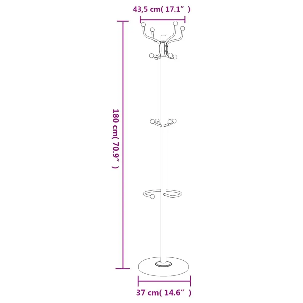 Coat Stand Powder-coated Iron Frame 180cm Black with Umbrella Holder and 12 Hooks