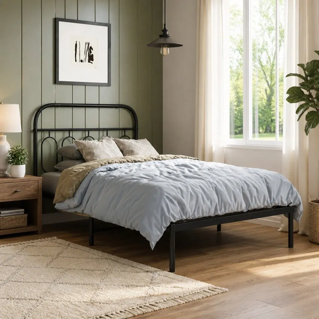 Metal Bed Frame King Single 107x203cm Black Headboard Steel Slats Storage Space
