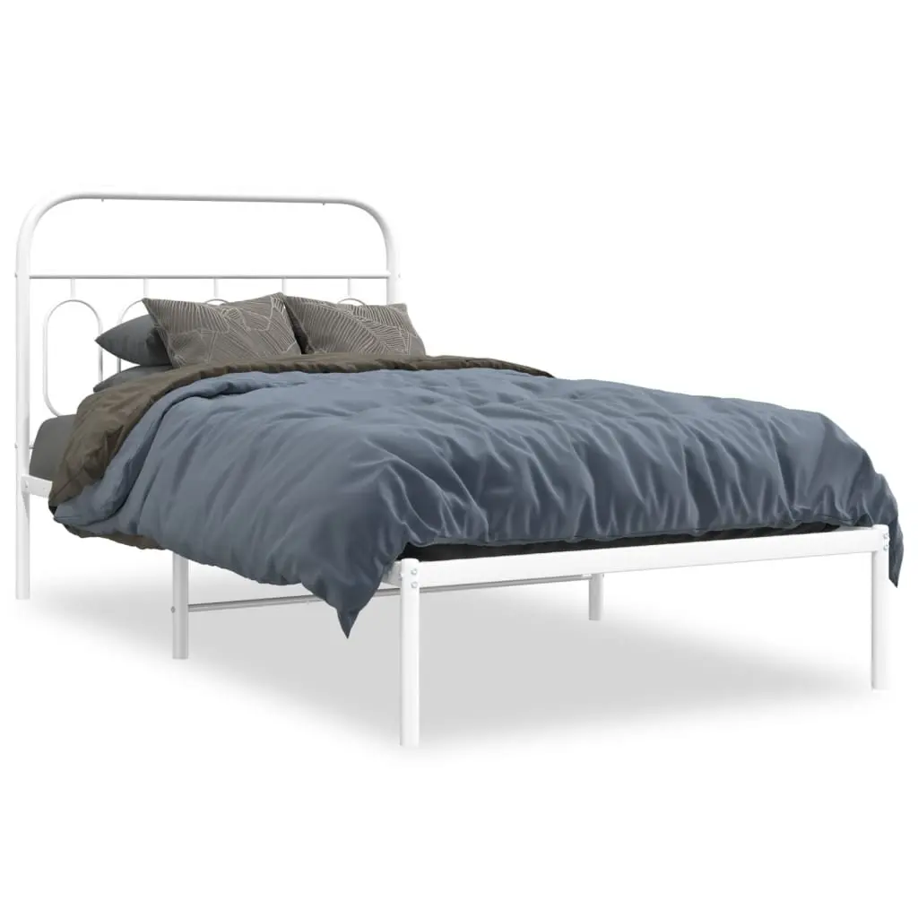 Metal Bed Frame King Single 107x203 cm White Headboard Steel Slats Storage