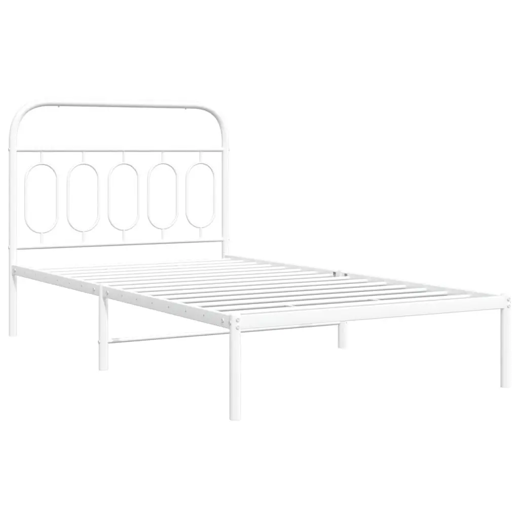 Metal Bed Frame King Single 107x203 cm White Headboard Steel Slats Storage
