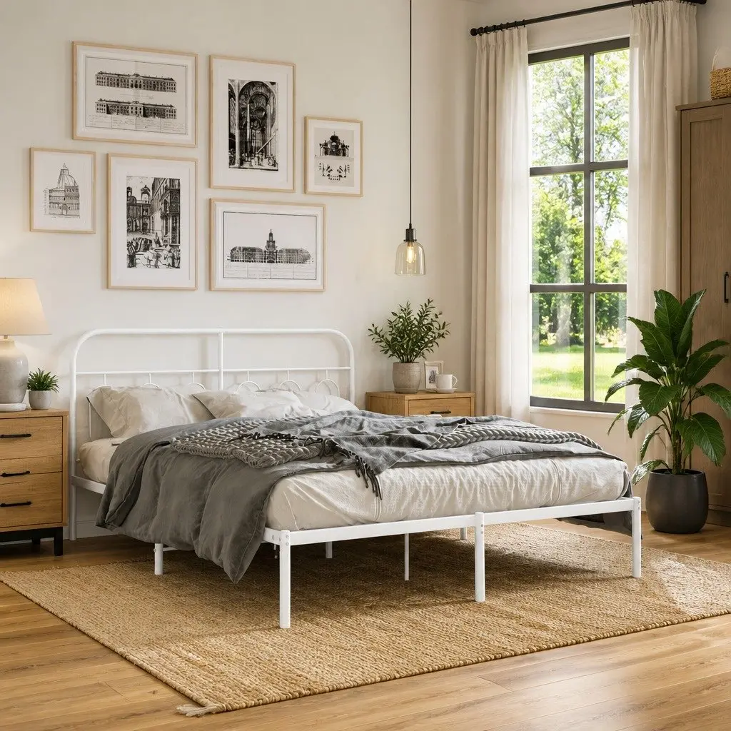 Metal Bed Frame Steel 135x190 cm White Headboard Slats Support Storage Space