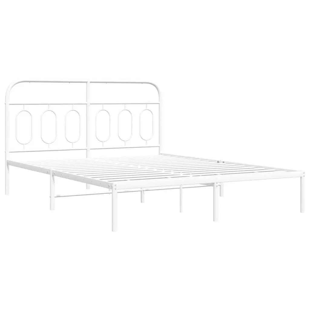 Metal Bed Frame Steel 135x190 cm White Headboard Slats Support Storage Space