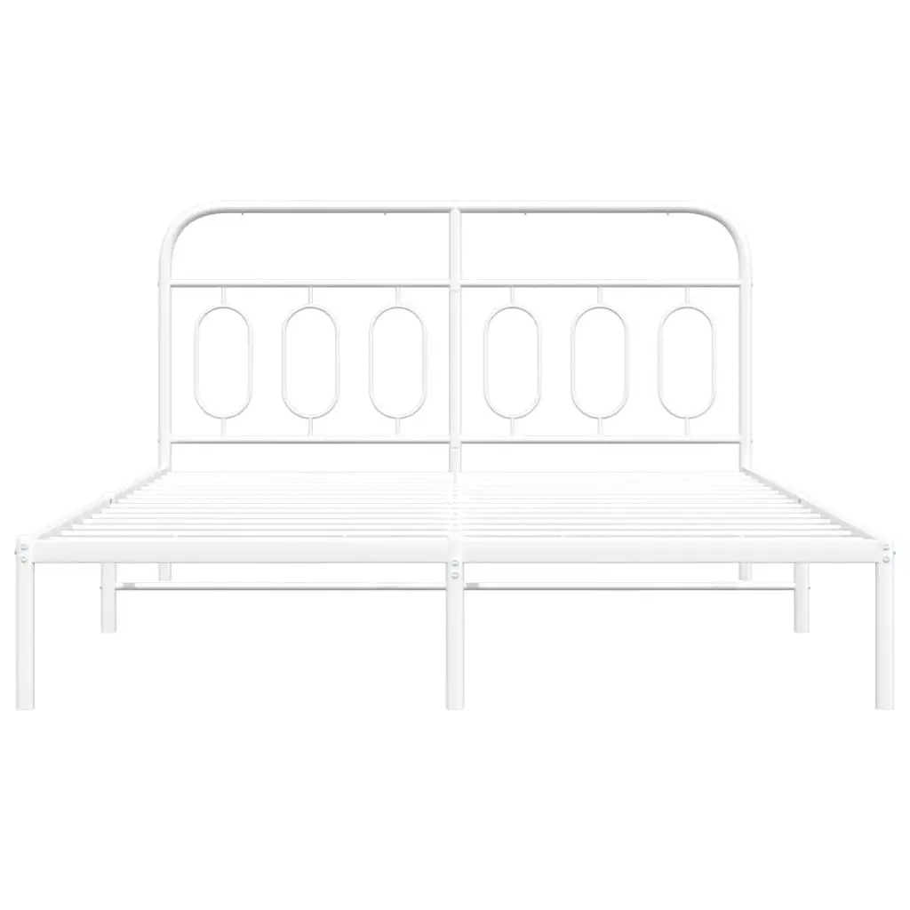 Metal Bed Frame Steel 135x190 cm White Headboard Slats Support Storage Space