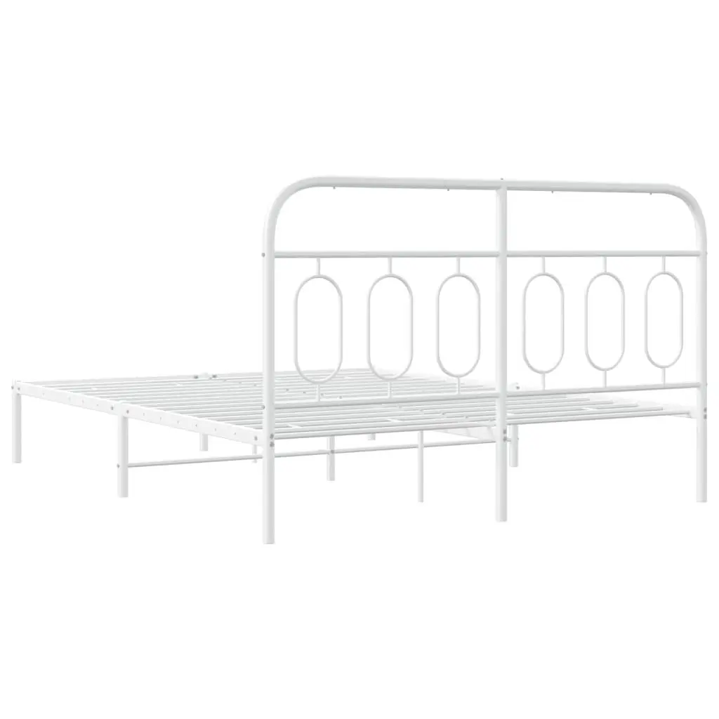 Metal Bed Frame Steel 135x190 cm White Headboard Slats Support Storage Space