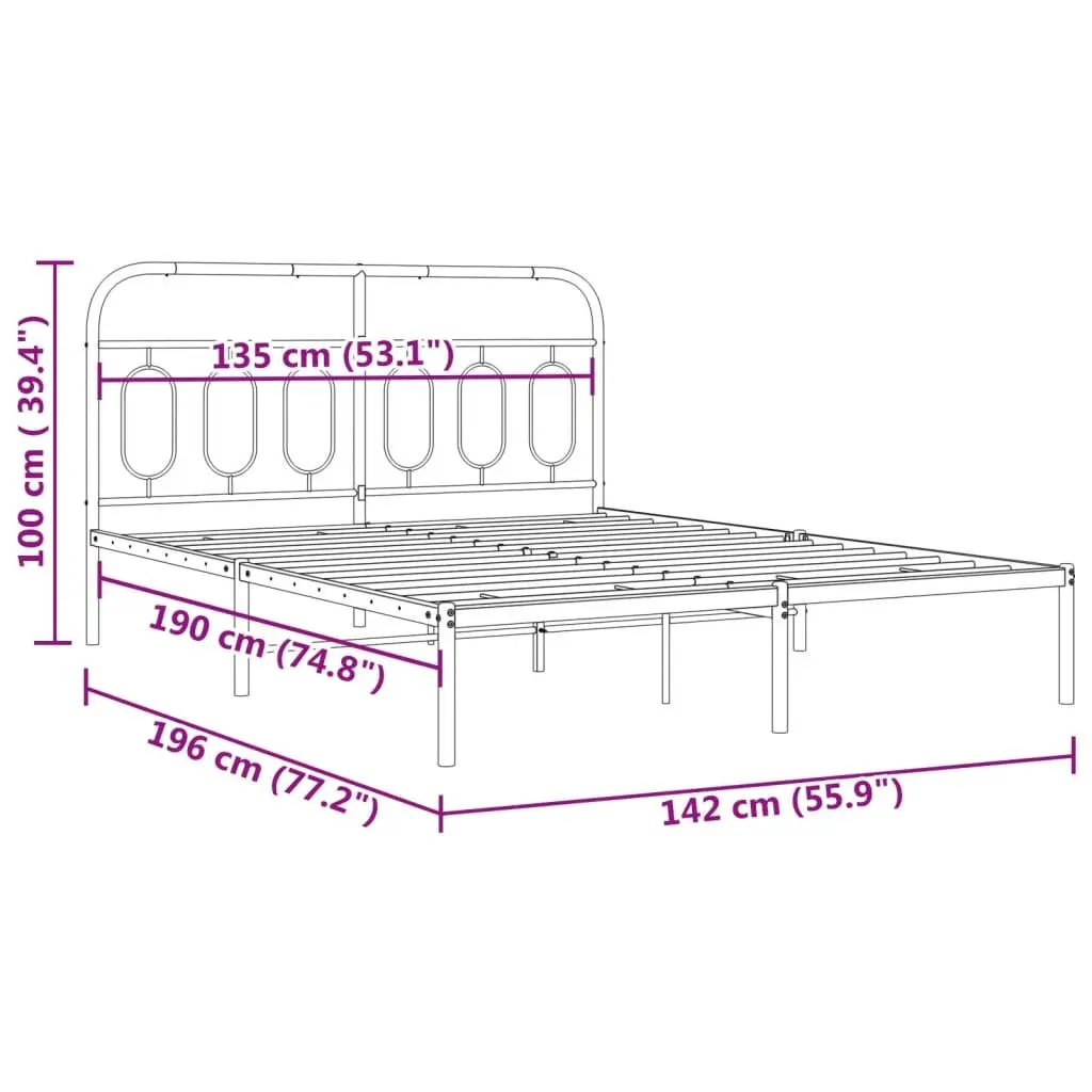 Metal Bed Frame Steel 135x190 cm White Headboard Slats Support Storage Space