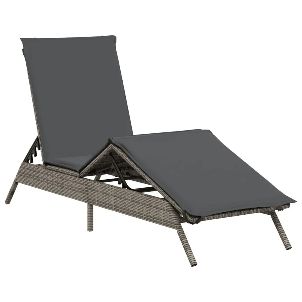 Adjustable Sun Lounger with Cushion Grey PE Rattan Outdoor Reclining Chair