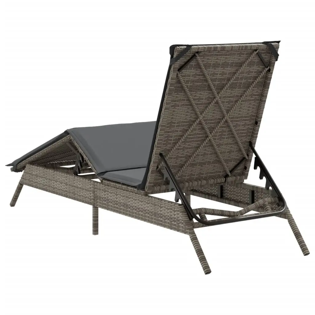 Adjustable Sun Lounger with Cushion Grey PE Rattan Outdoor Reclining Chair