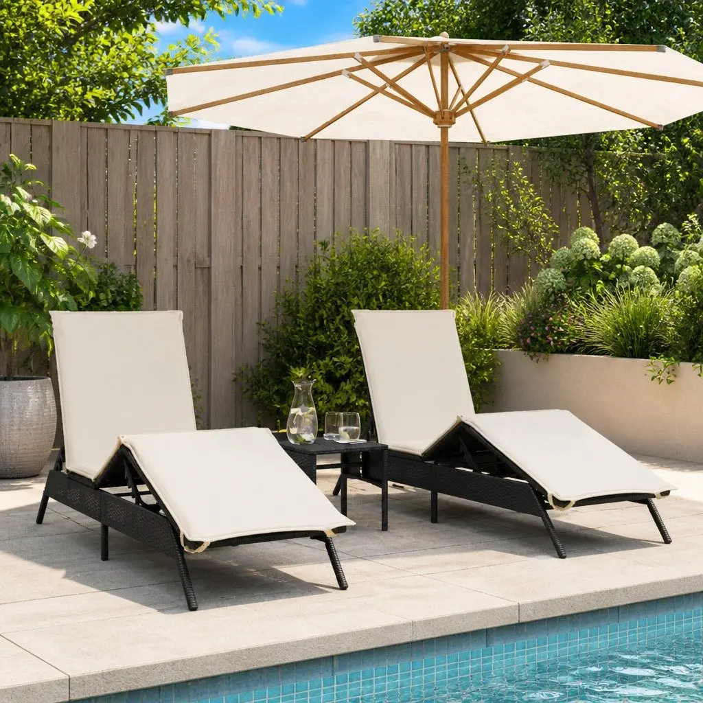 Sun Loungers Set PE Rattan Adjustable Recliner Chairs with Side Table Black