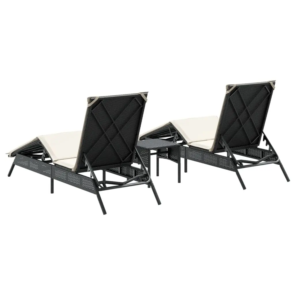 Sun Loungers Set PE Rattan Adjustable Recliner Chairs with Side Table Black