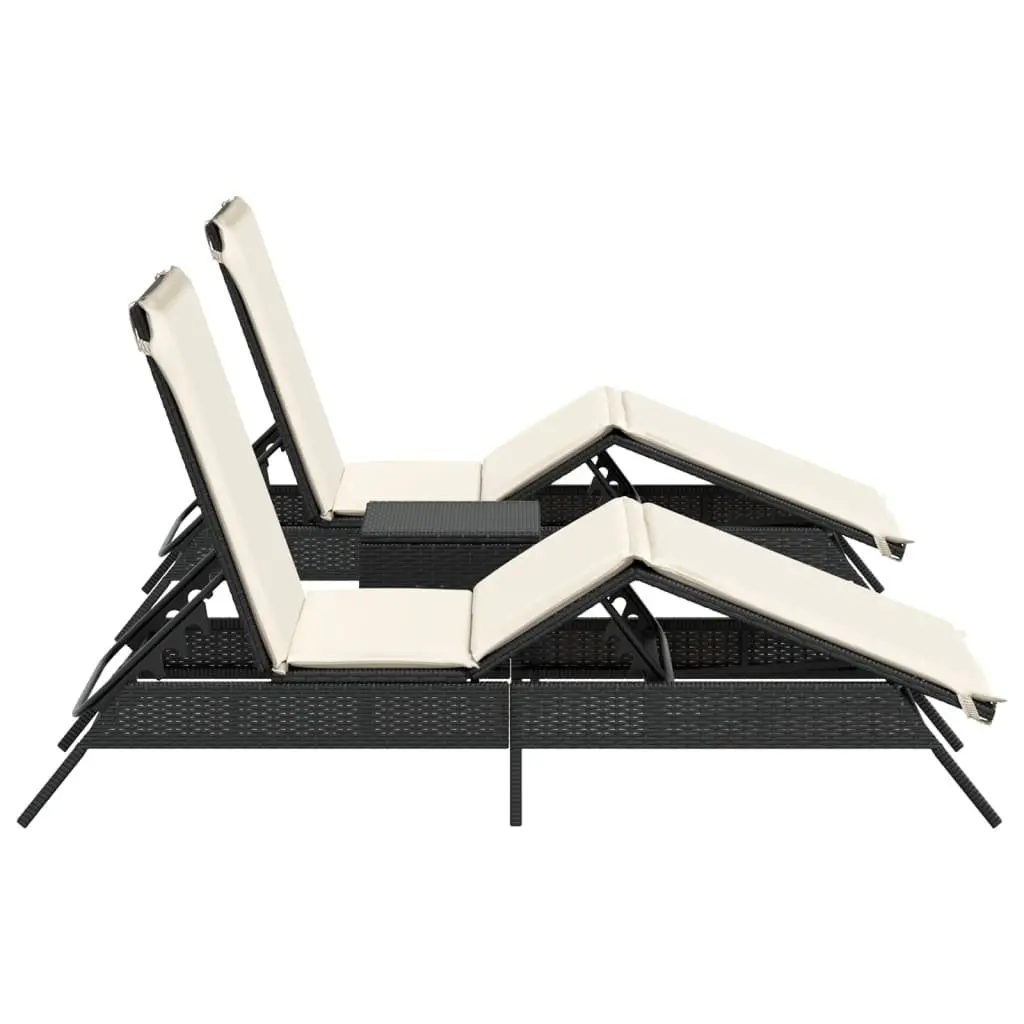 Sun Loungers Set PE Rattan Adjustable Recliner Chairs with Side Table Black