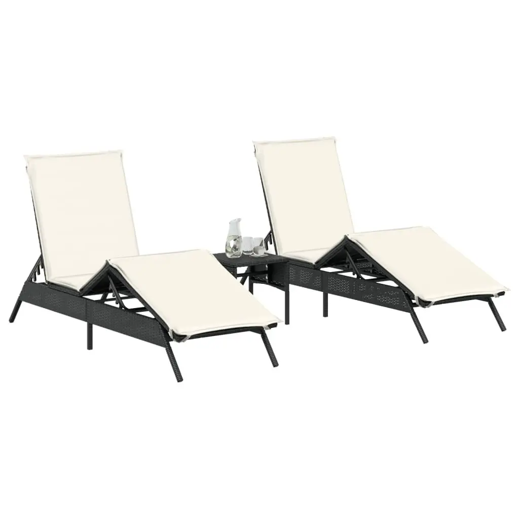 Sun Loungers Set PE Rattan Adjustable Recliner Chairs with Side Table Black